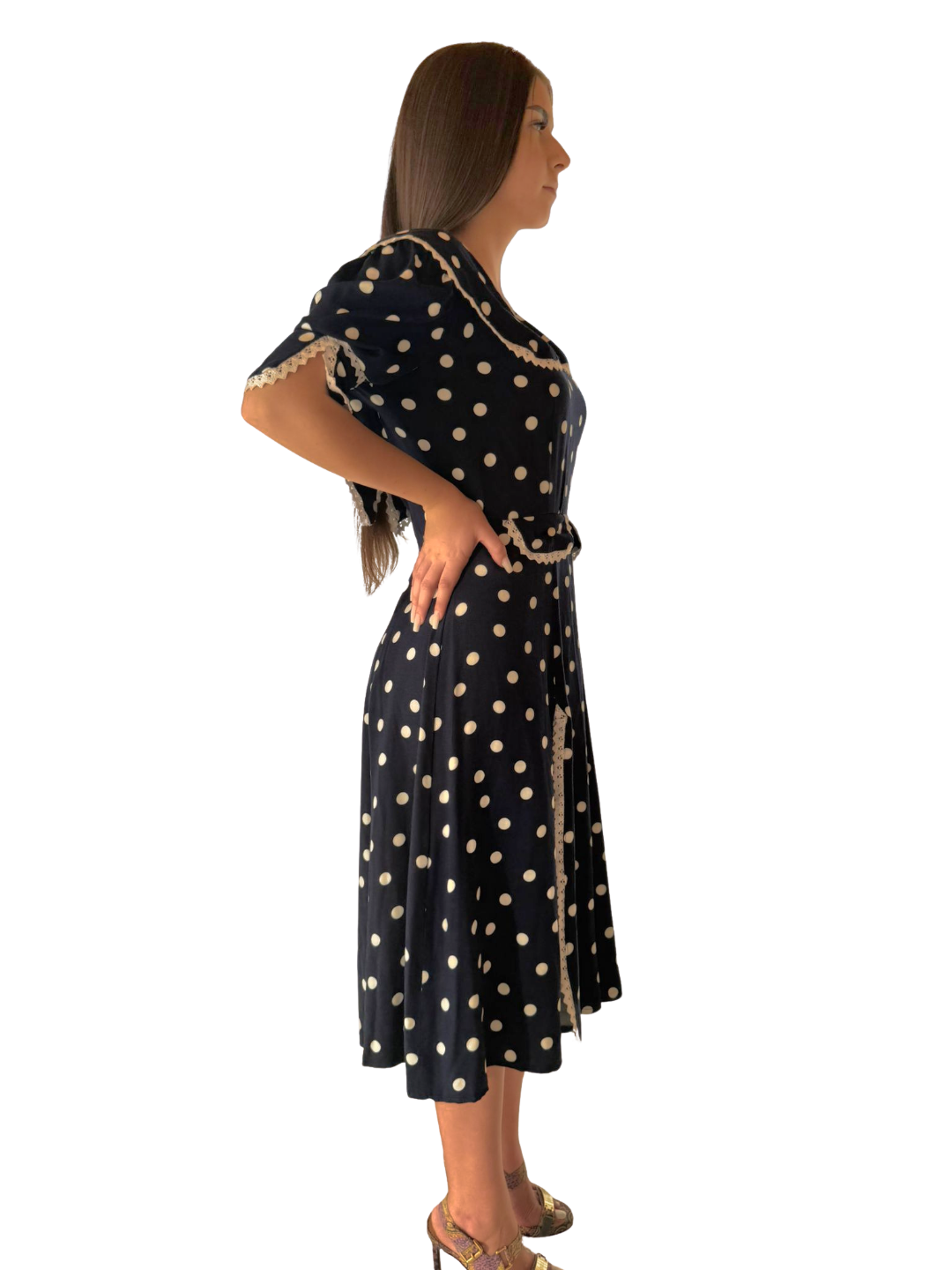 Rochie Midi Bleumarin cu Buline și Dantelă – Rochie Elegantă Damă Stil Retro