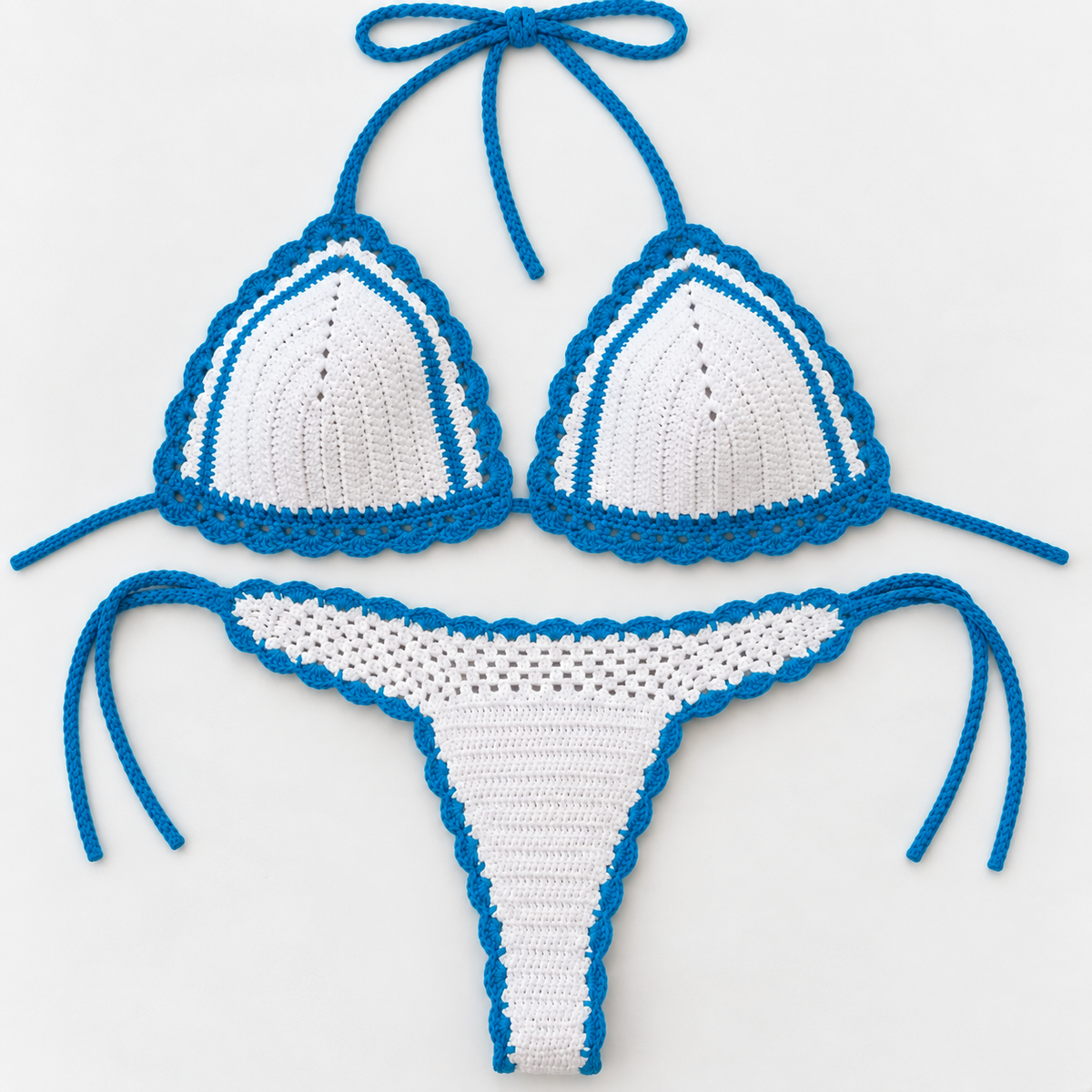 Costum de Baie Croșetat Alb & Turcoaz „Blue Lagoon” – Bikini Tanga Handmade | Marina Elifer