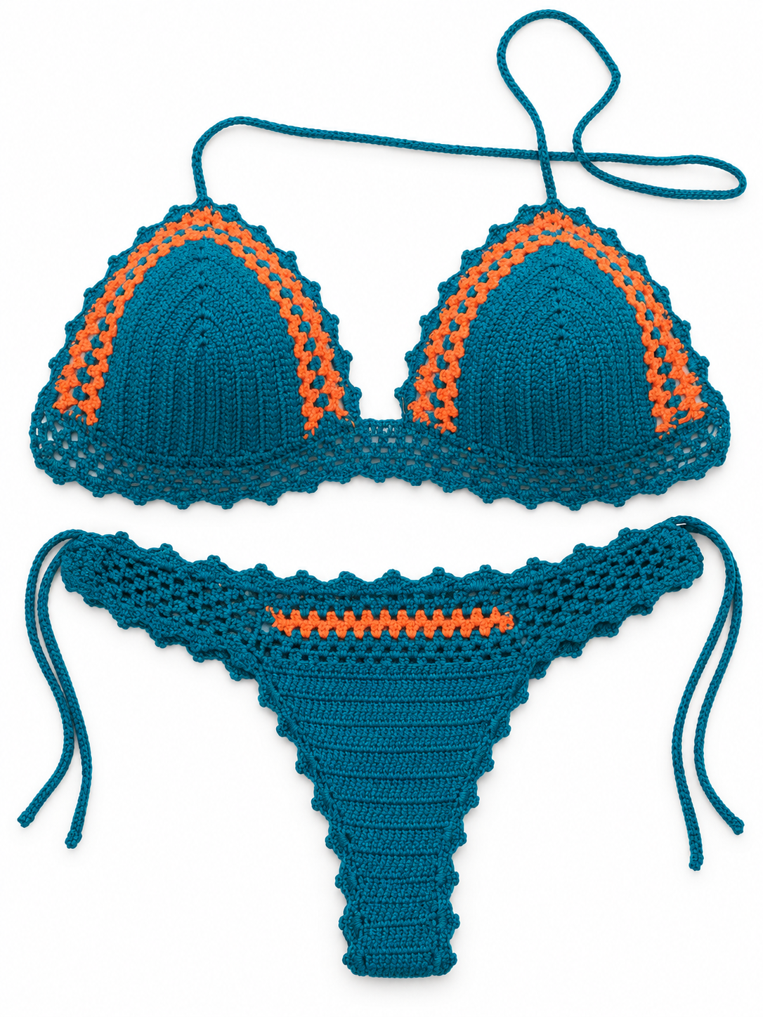 Costum de baie croșetat turcoaz cu detalii portocalii – Marina Elifer