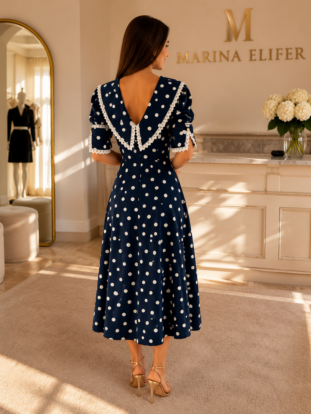 Rochie Eleganta Bleumarin cu Buline Albe – Marina Elifer