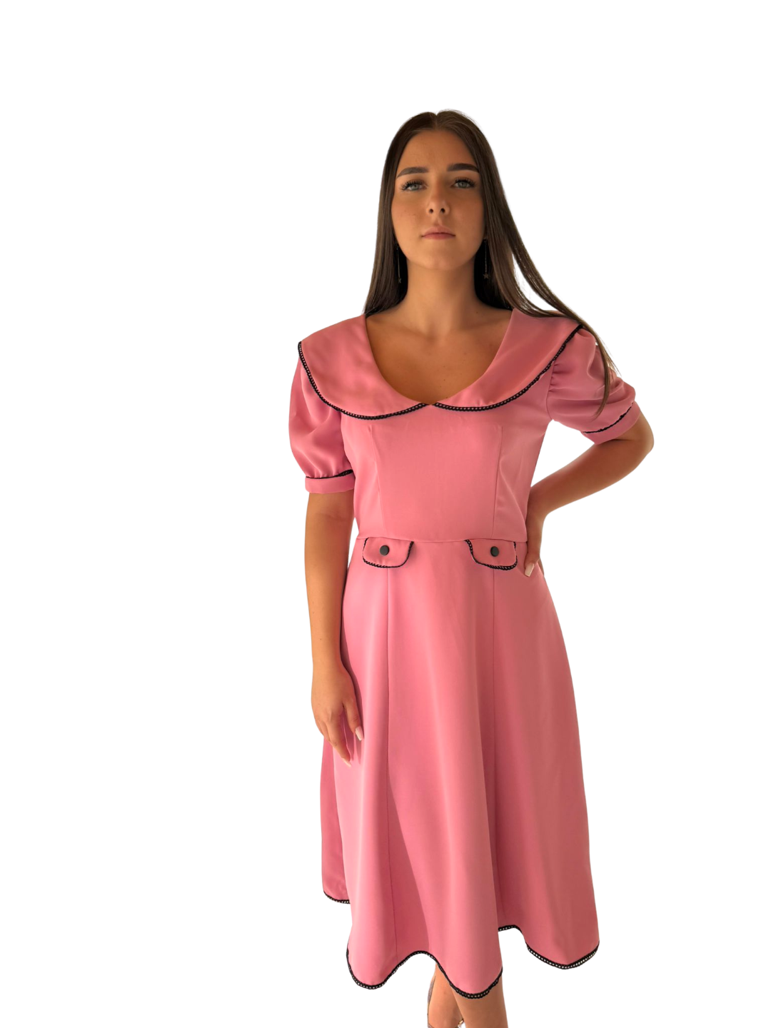 Rochie Midi Roz Somon cu Guler Amplu – Rochie Elegantă de Ocazie Damă