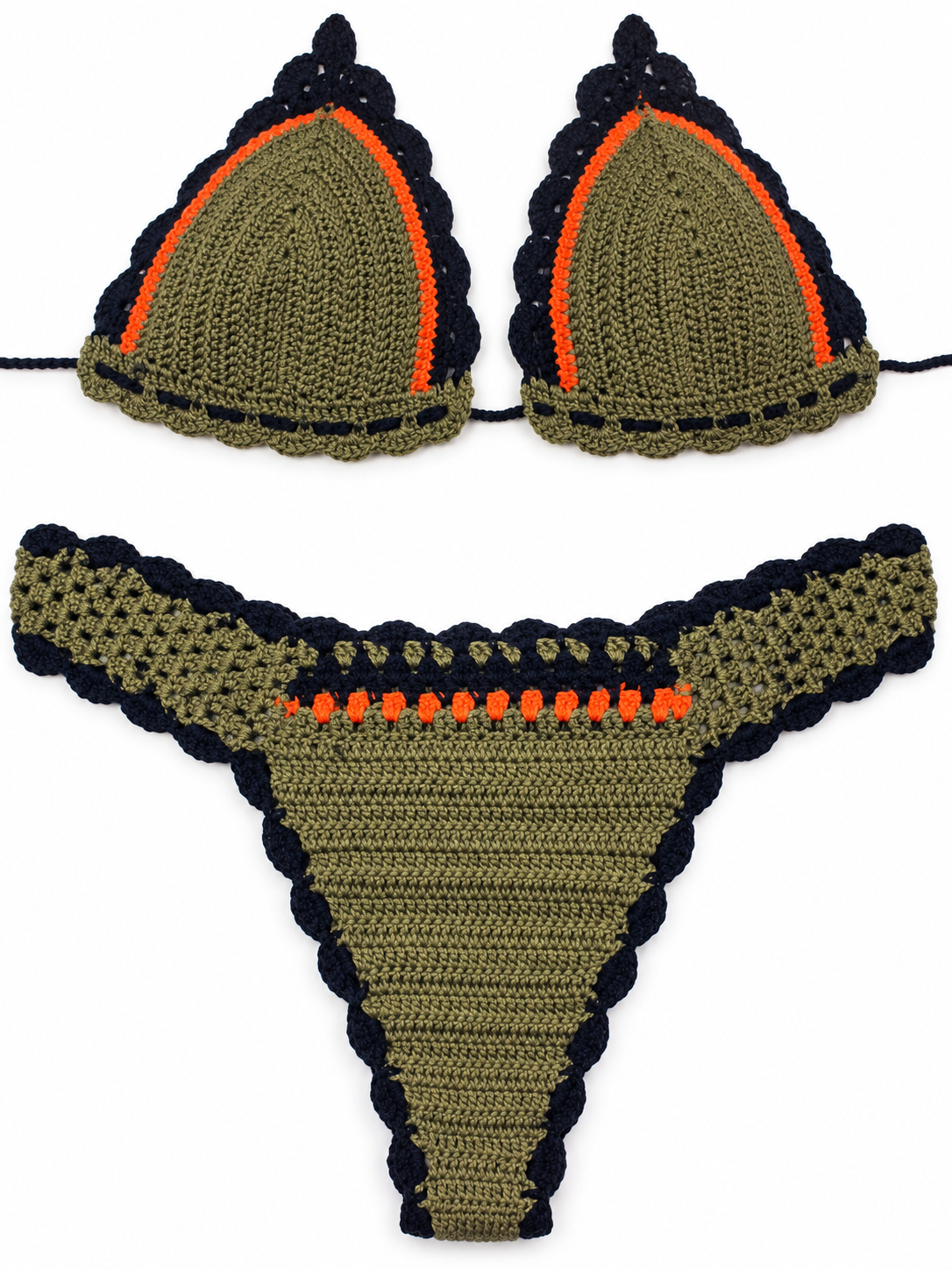 Costum de Baie Croșetat Tanga „Olive & Black” – Handmade, Triunghi, Șnururi Ajustabile | Marina Elifer