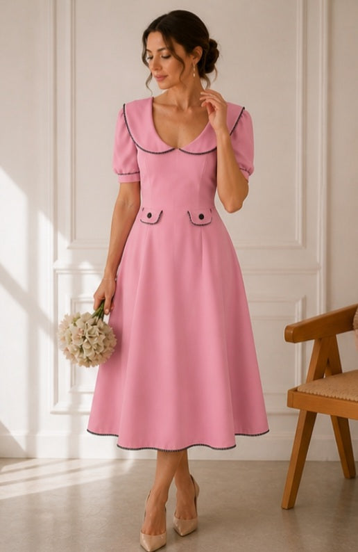 Rochie Midi Roz Somon cu Guler Amplu – Rochie Elegantă de Ocazie Damă
