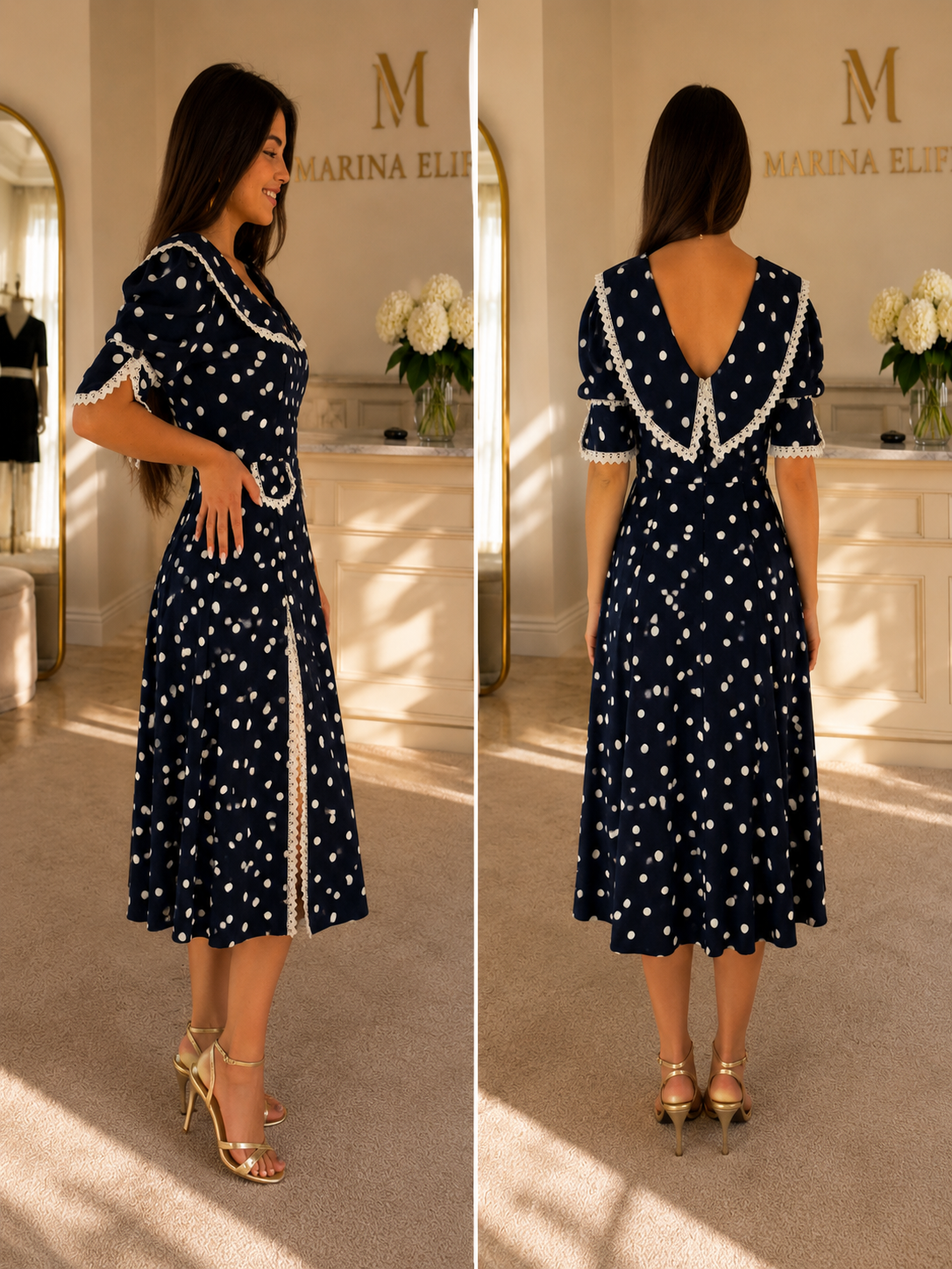 Rochie Eleganta Bleumarin cu Buline Albe – Marina Elifer