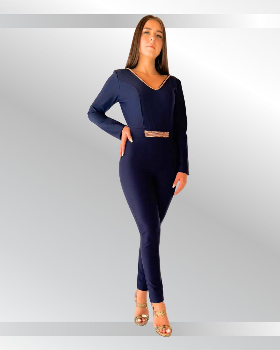 Salopeta eleganta albastru marin cu maneci lungi si detaliu auriu,material elastic si nmodelator